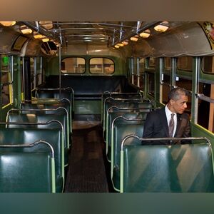 8x10 President Barack Obama sits in Rosa Parks bus at Henry Ford Museum Photo